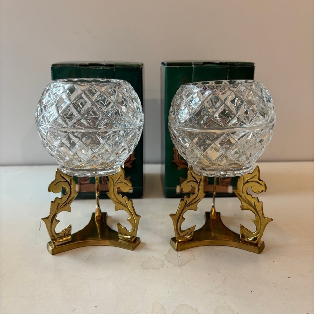 2 Crystal Brands of Ireland Royal Irish Crystal Candle Holder with Brass Stand